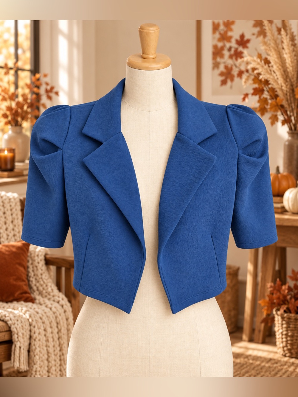 Love J Cobalt Blue Cropped Puff Sleeve Blazer
